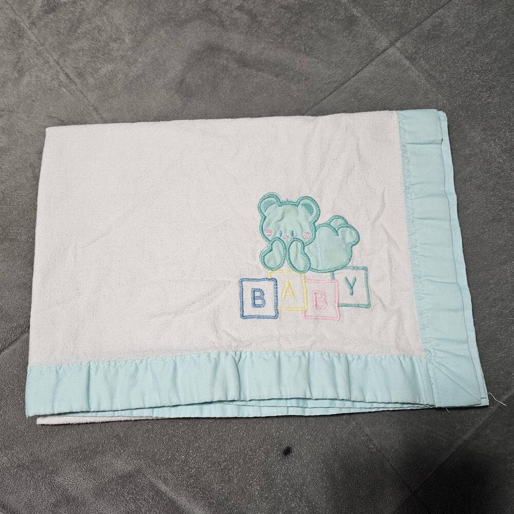 Cuddle Time Made in USA Blanket ABC Blocks Bear Blue Trim Cotton Flannel